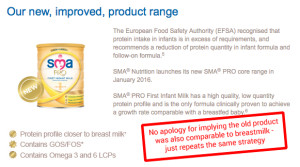 Nestle email sent 29 January 2016 indicating its SMA formula composition was incorrect for optimum infant growth - spun as a relaunch of a new "closer to breastmilk" range.