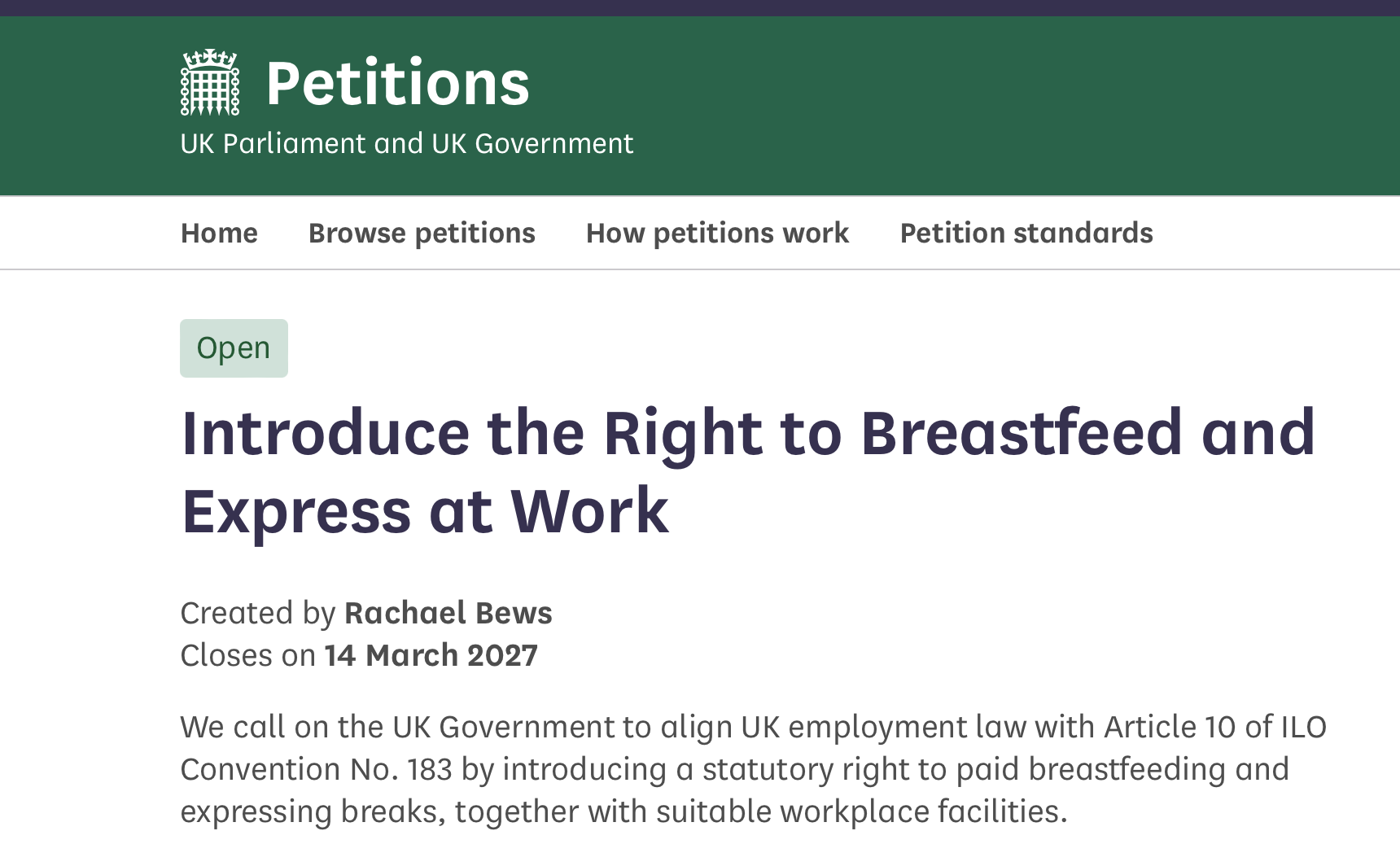 Petition calling for the Right to Breastfeed at work